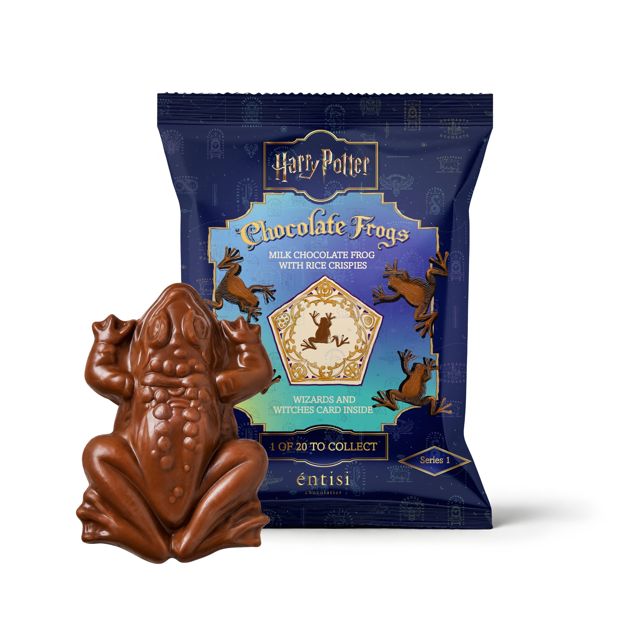 The entisi Harry Potter Chocolate Frog, a molded milk chocolate frog with a collectible wizard card